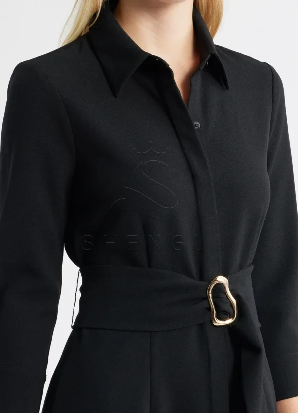Custom Black Belted Midi Shirtdress | Professional Women's Dress | OEM Manufacturing Available