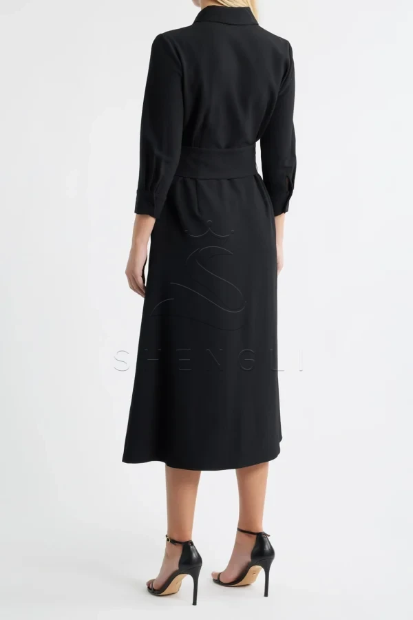 Custom Black Belted Midi Shirtdress | Professional Women's Dress | OEM Manufacturing Available