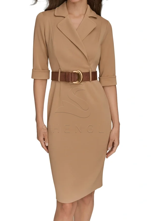 Custom Fawn Belted Sheath Dress | Professional Women's Work Dress | OEM Manufacturing