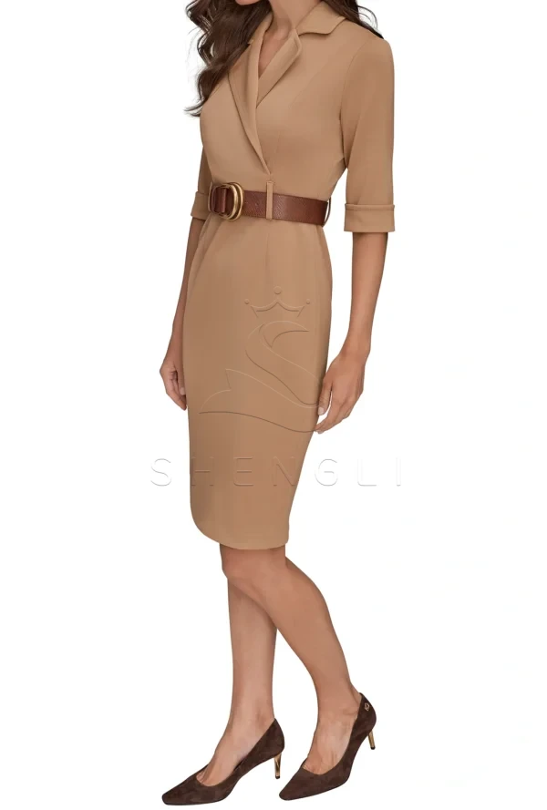 Custom Fawn Belted Sheath Dress | Professional Women's Work Dress | OEM Manufacturing