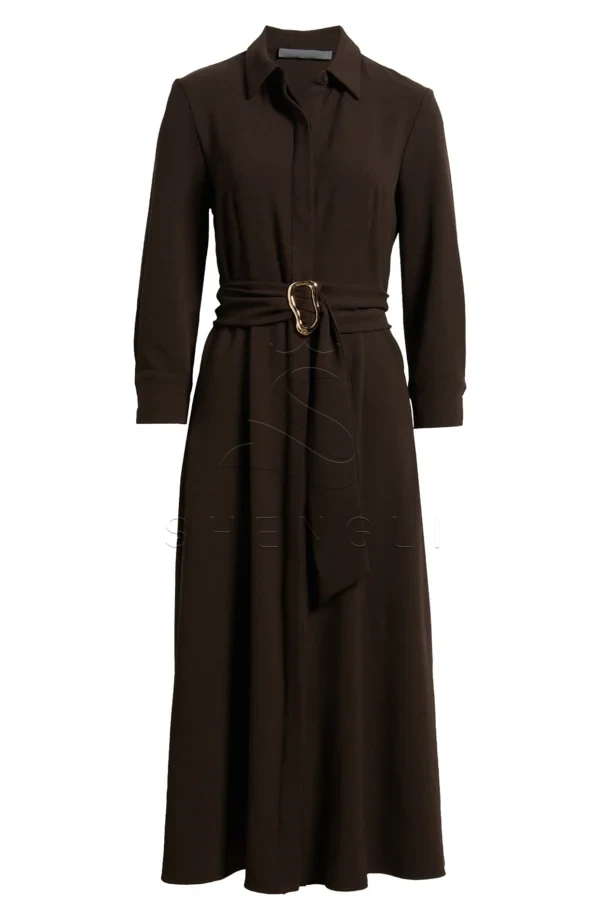 74169f7e-b987-45d7-b500-1f1ba4b065c7 Custom Brown Belted Midi Shirtdress | Professional Women's Dress | OEM Manufacturing