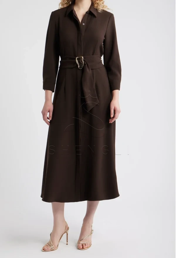 741d1f32-ccd8-4f98-8b4d-6310608d9cfb Custom Brown Belted Midi Shirtdress | Professional Women's Dress | OEM Manufacturing