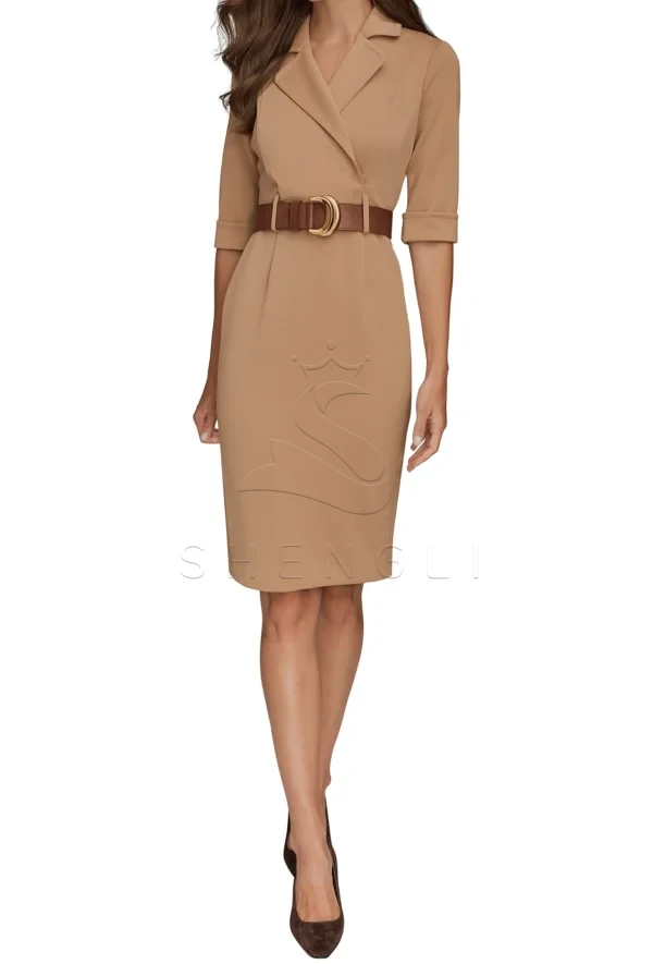 Custom Fawn Belted Sheath Dress | Professional Women's Work Dress | OEM Manufacturing