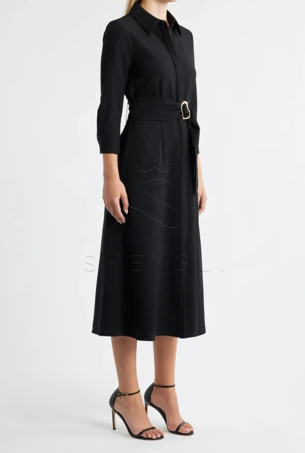 Custom Black Belted Midi Shirtdress | Professional Women's Dress | OEM Manufacturing Available