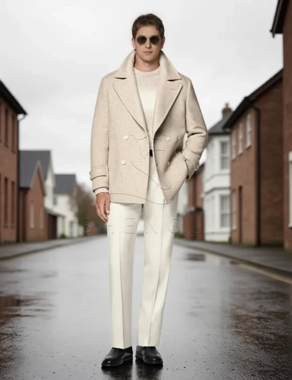 Custom Sand Color Wool Peacoat | Classic Double-Breasted OEM Coat | Bulk Manufacturing