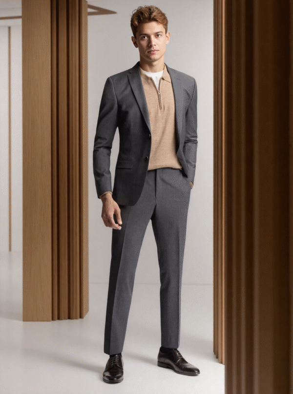 ComfyUI_00010_aciax_1758177982 Custom Charcoal Panama Wool Blend Suit Jacket | Slim Fit Blazer for OEM Manufacturing