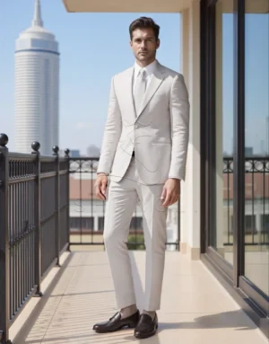 ComfyUI_00010_ejvka_1758701256 Light Taupe Havana Suit | Italian Linen-Cotton Blend | Custom Tailored Fit for Men