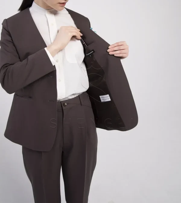 Natural Fit Brown Collarless Suit Jacket | Next-Generation Hospitality Wear | Eco-Friendly Stretch Fabric