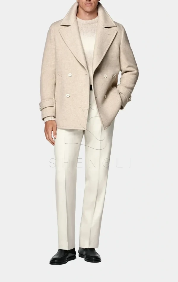 Custom Sand Color Wool Peacoat | Classic Double-Breasted OEM Coat | Bulk Manufacturing