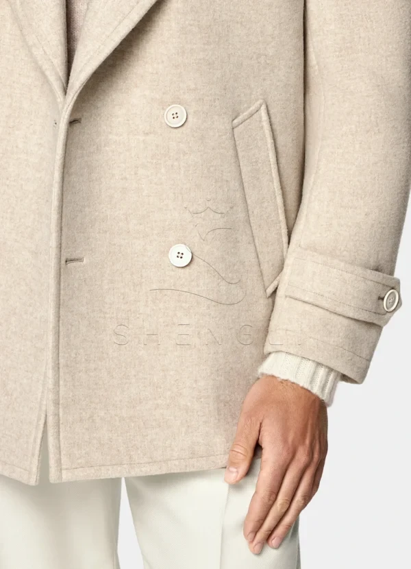 Custom Sand Color Wool Peacoat | Classic Double-Breasted OEM Coat | Bulk Manufacturing