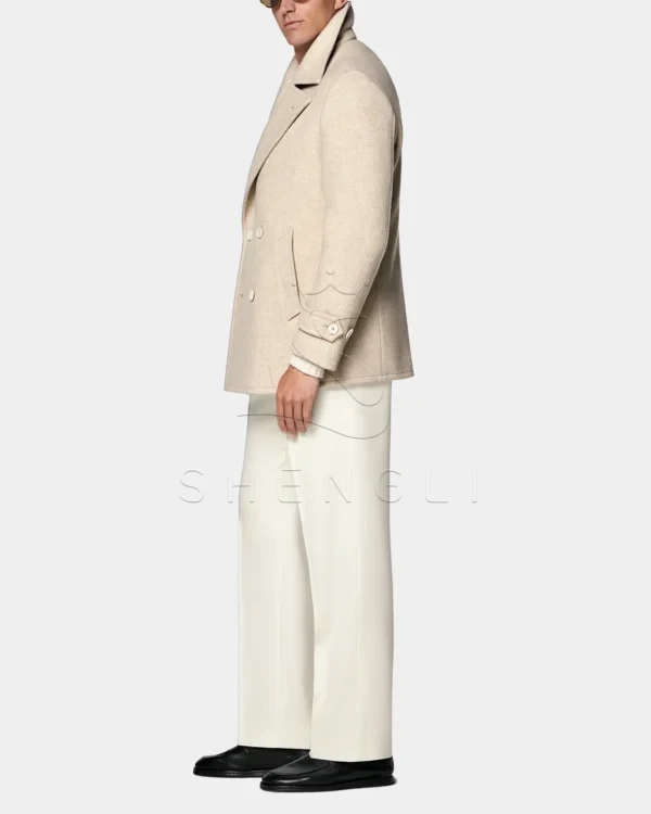 Custom Sand Color Wool Peacoat | Classic Double-Breasted OEM Coat | Bulk Manufacturing