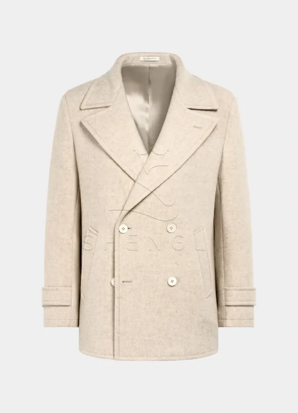 Custom Sand Color Wool Peacoat | Classic Double-Breasted OEM Coat | Bulk Manufacturing