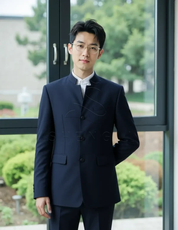 Name_flux_00001_asaxf_1759134482 Classic Zhongshan Suit Two-Piece Set | Retro Chinese Style Blazer & Trousers | Gold Button Design | Bulk OEM Manufacturing