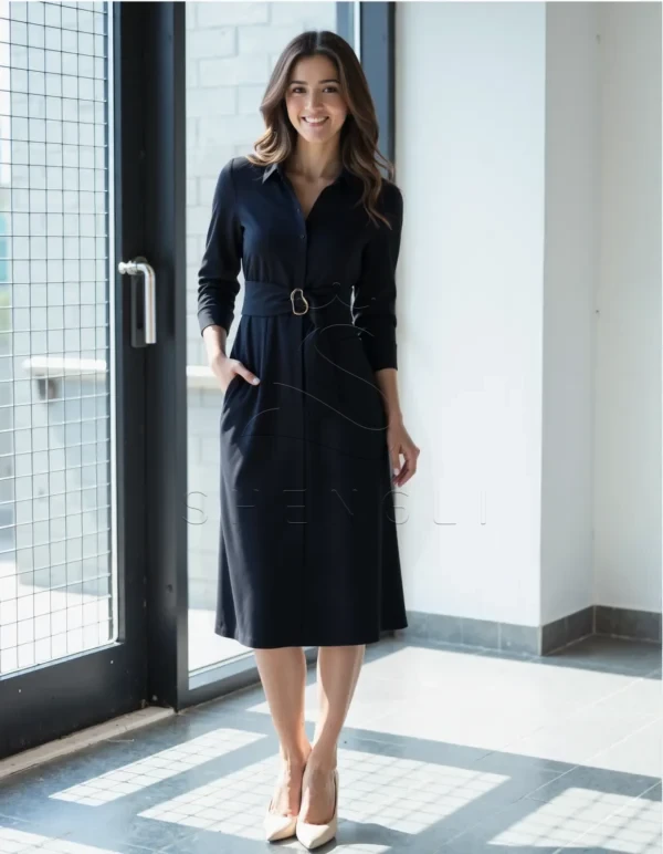 Custom Black Belted Midi Shirtdress | Professional Women's Dress | OEM Manufacturing Available