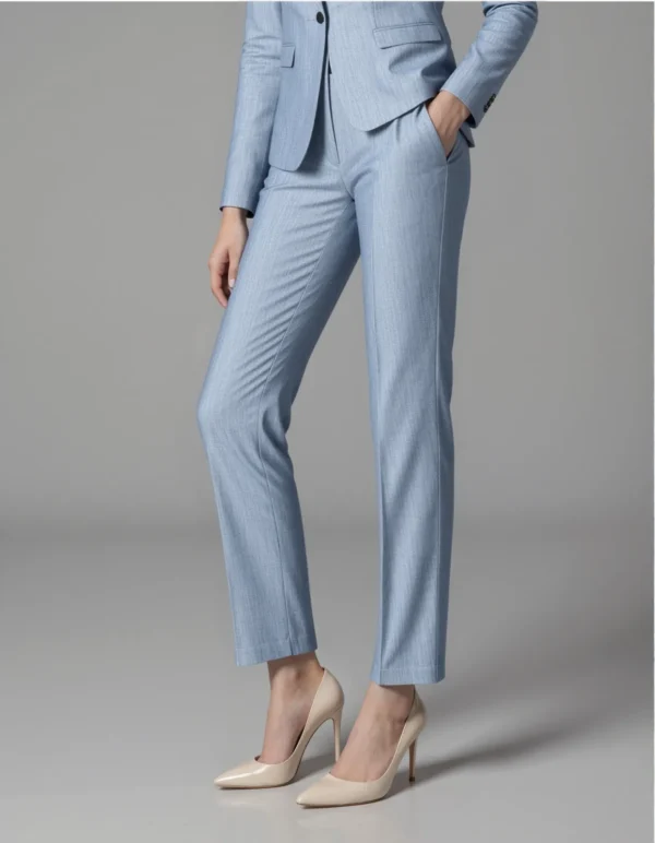 Custom Women's Sky Blue Linen Suit Set | Italian Herringbone Fabric | OEM Blazer & Trouser Manufacturing