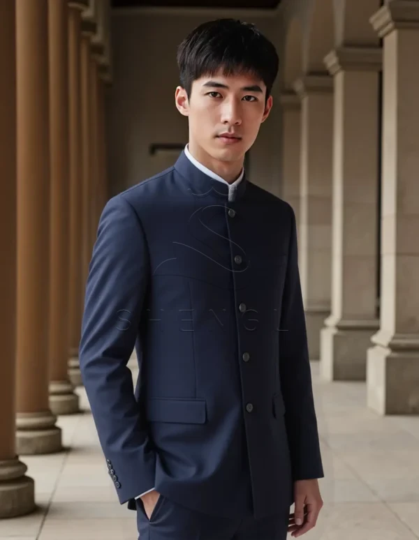 Name_flux_00001_finyl_1759133763 Men's Tailored Chinese Collar Suit | Premium Pure Wool | Modern Zhongshan Style | Custom OEM Manufacturing