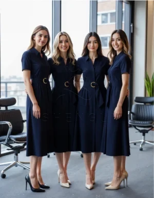 Name_flux_00001_ljepn_1758618864 Custom Navy Belted Midi Shirtdress | Professional Women's Uniform Dress | OEM Manufacturing