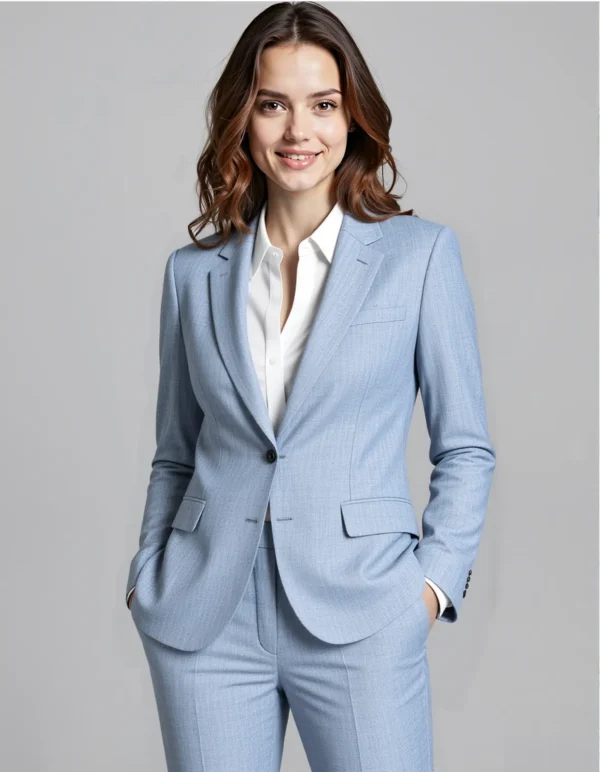 Custom Women's Sky Blue Linen Suit Set | Italian Herringbone Fabric | OEM Blazer & Trouser Manufacturing