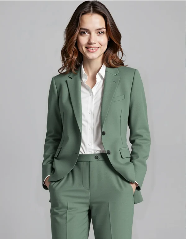 Name_flux_00001_thyeh_1758352130 Custom Women's Sage Green Suit Blazer & Trousers Set | Luxury Wool Blend OEM