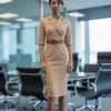 Custom Fawn Belted Sheath Dress | Professional Women's Work Dress | OEM Manufacturing
