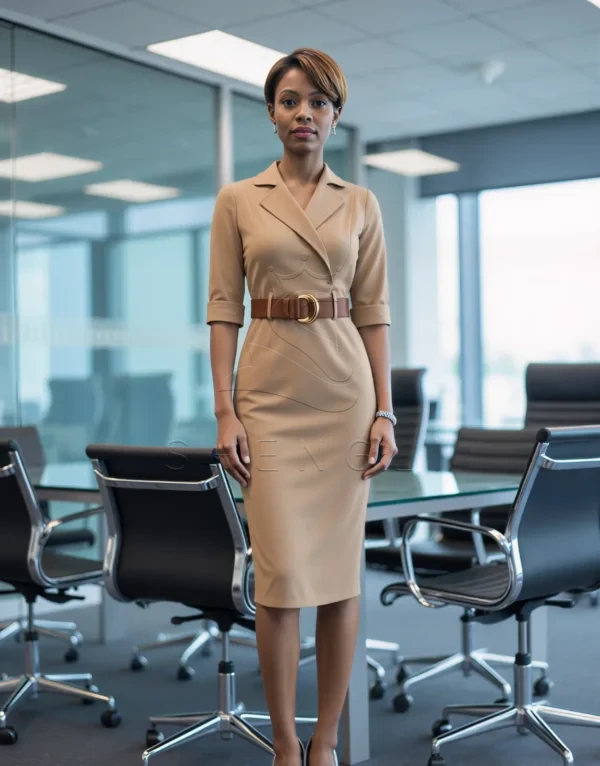 Custom Fawn Belted Sheath Dress | Professional Women's Work Dress | OEM Manufacturing