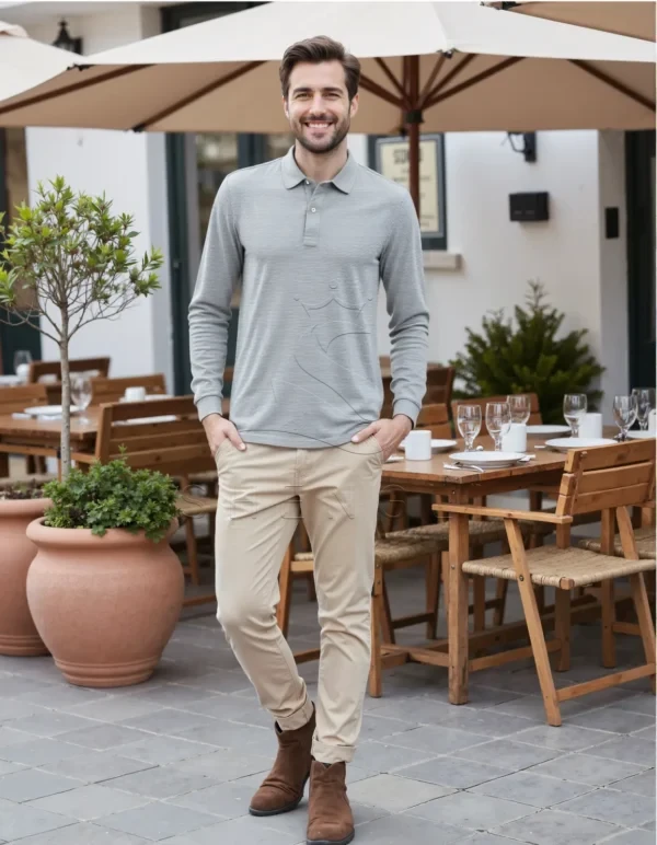 Custom Silver Long Sleeve Polo Shirt | Premium Cotton | OEM Embroidery Service