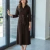 Name_flux_00002_tybgc_1758613680 Custom Brown Belted Midi Shirtdress | Professional Women's Dress | OEM Manufacturing