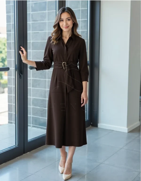 Name_flux_00002_tybgc_1758613680 Custom Brown Belted Midi Shirtdress | Professional Women's Dress | OEM Manufacturing