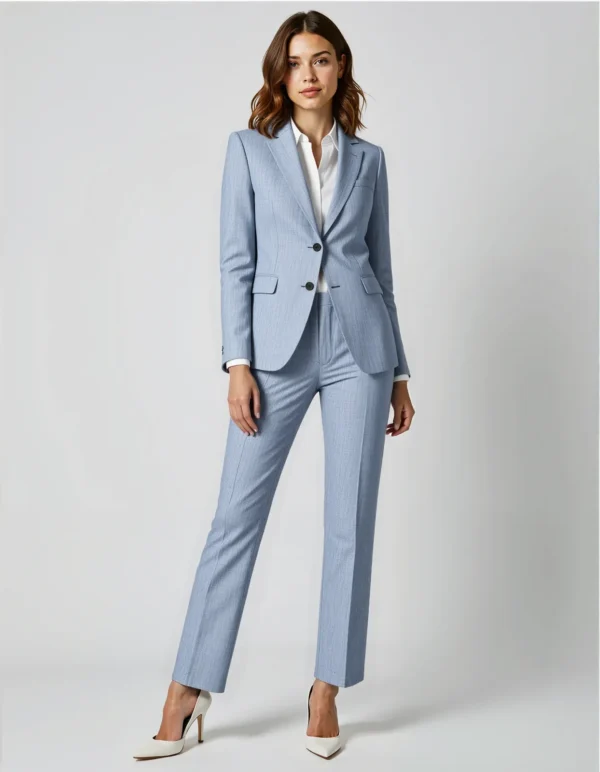 Custom Women's Sky Blue Linen Suit Set | Italian Herringbone Fabric | OEM Blazer & Trouser Manufacturing