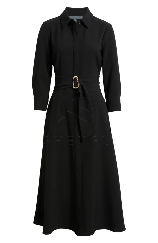 Custom Black Belted Midi Shirtdress | Professional Women's Dress | OEM Manufacturing Available