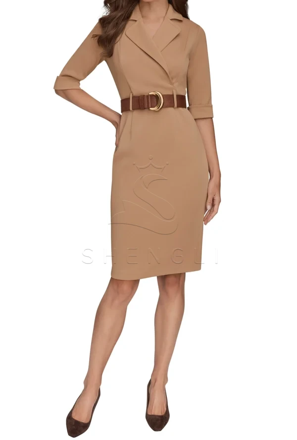 Custom Fawn Belted Sheath Dress | Professional Women's Work Dress | OEM Manufacturing