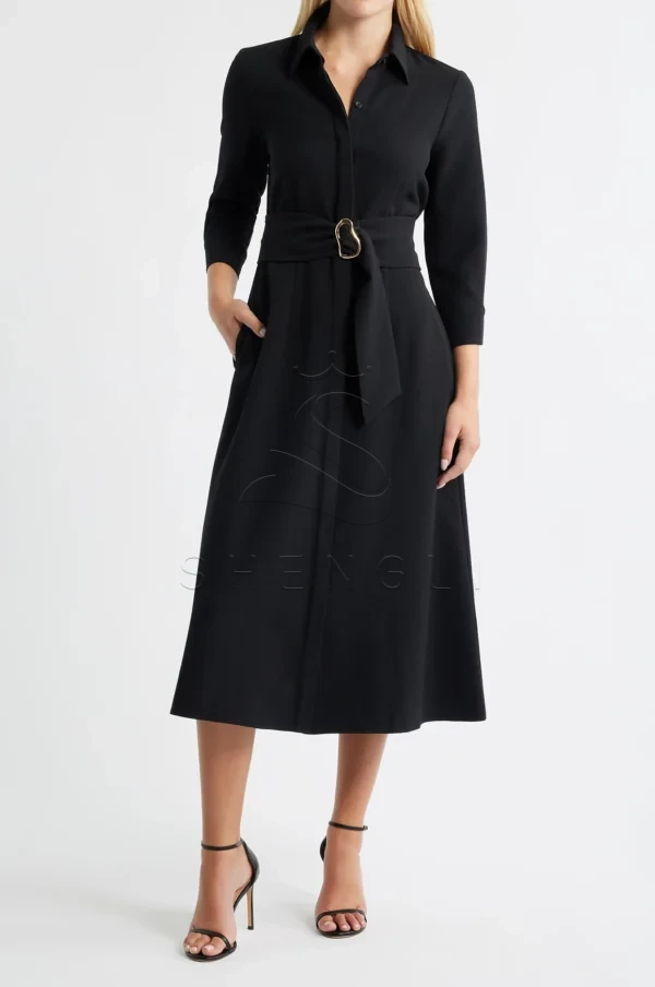 Custom Black Belted Midi Shirtdress | Professional Women's Dress | OEM Manufacturing Available