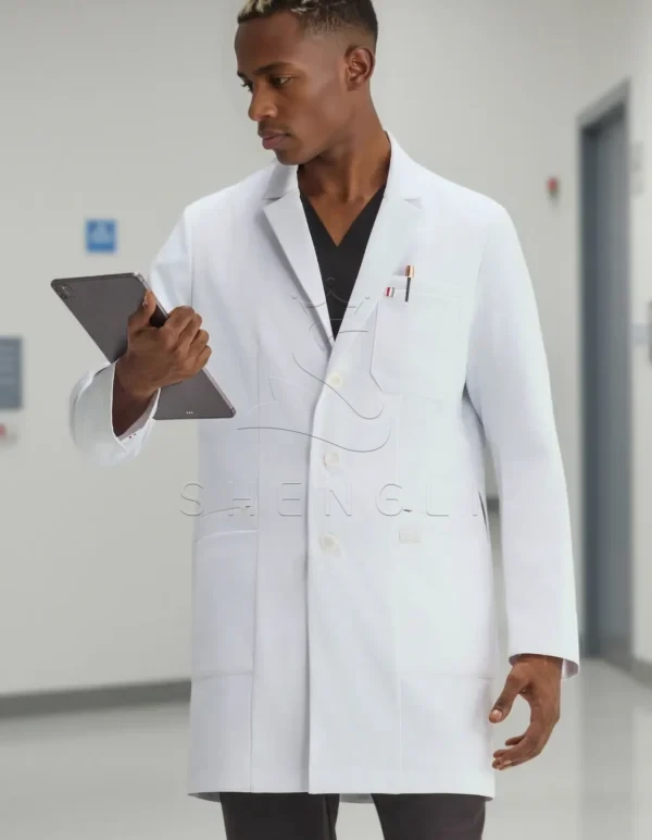 flux_00001_puhlt_1758864486 Eco-Friendly Lab Coat for Professionals | Recycled Polyester with Multiple Pockets | Custom OEM Manufacturing