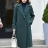 Elegant Women's Double-Breasted Long Coat in Botanical Green | Premium Wool Blend | Custom Tailoring
