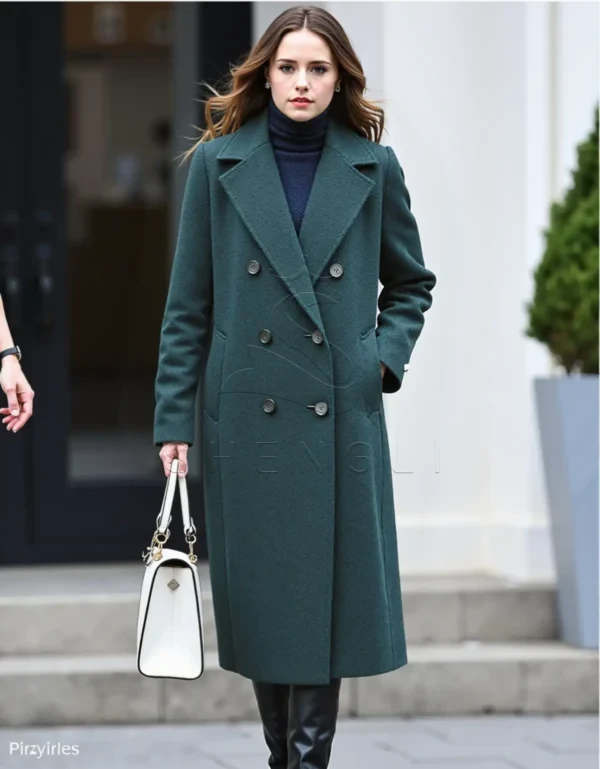 Elegant Women's Double-Breasted Long Coat in Botanical Green | Premium Wool Blend | Custom Tailoring