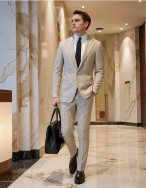 ComfyUI_00001_yfacb_1761212125 Artisanal Bespoke Suit in Stone Beige | Relaxed Roman Cut | Vitale Barberis Canonico Winter Wool