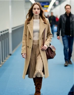 ComfyUI_00001_zemry_1760691514 Ladies' Camel Double-Breasted Wool Blend Trench Coat | Relaxed Fit Longline Overcoat