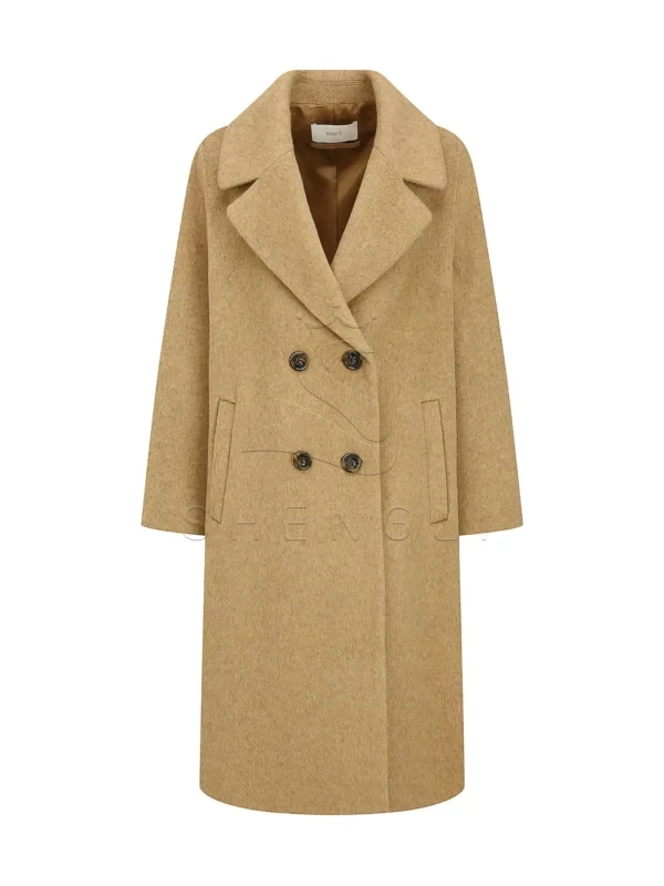 Ladies' Camel Double-Breasted Wool Blend Trench Coat | Relaxed Fit Longline Overcoat