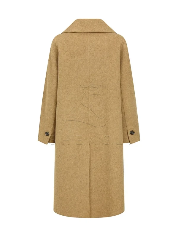 Ladies' Camel Double-Breasted Wool Blend Trench Coat | Relaxed Fit Longline Overcoat