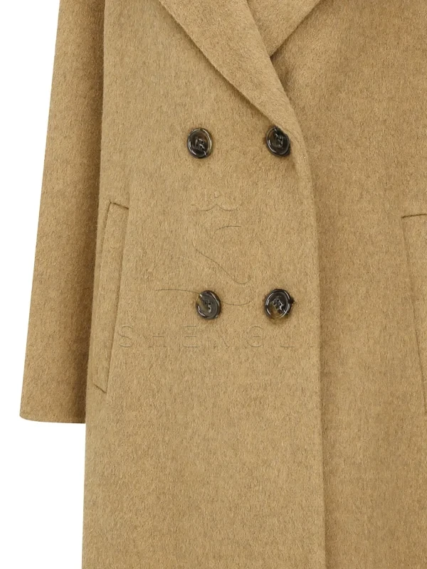 Ladies' Camel Double-Breasted Wool Blend Trench Coat | Relaxed Fit Longline Overcoat