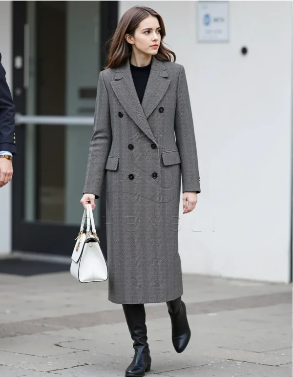 Elegant Double-Breasted Cashmere-Blend Overcoat for Women | Deep Grey Herringbone | Custom OEM Manufacturing