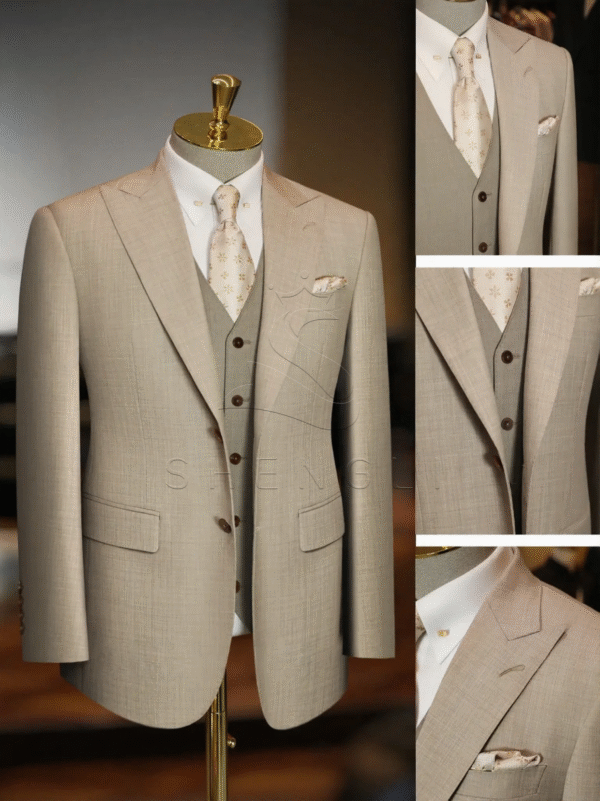 ComfyUI_00001_ljvdk_1762309037 Oatmeal-Colored Wedding Suit Collection | Italian Wool Three-Piece Sets for Outdoor Ceremonies