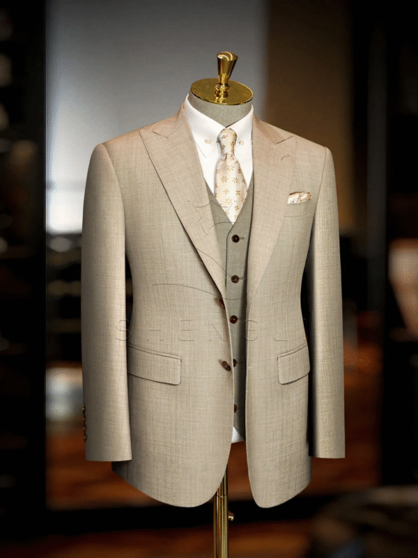 ComfyUI_00003_vicbp_1762309201 Oatmeal-Colored Wedding Suit Collection | Italian Wool Three-Piece Sets for Outdoor Ceremonies