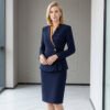 Elegant Navy Blue Women's Business Suit Set with Scarf - Professional Office Uniform for Ladies | Formal Work Blazer & Skirt Outfit