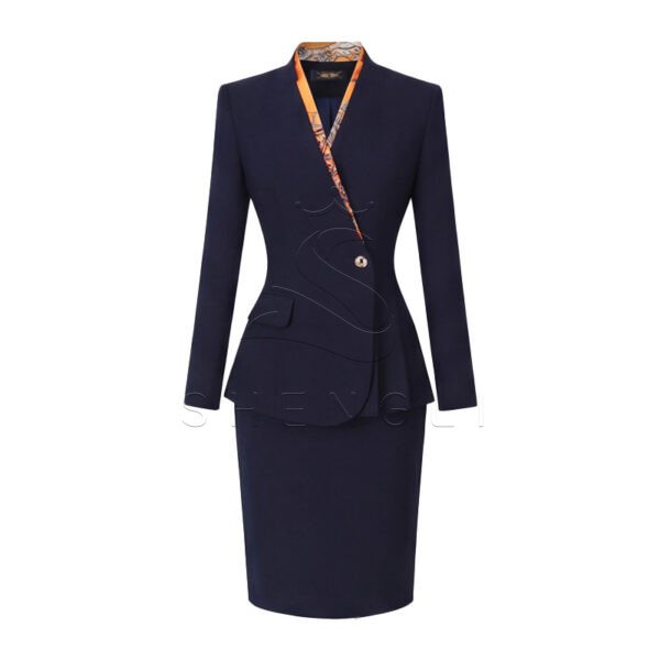 Elegant Navy Blue Women's Business Suit Set with Scarf - Professional Office Uniform for Ladies | Formal Work Blazer & Skirt Outfit
