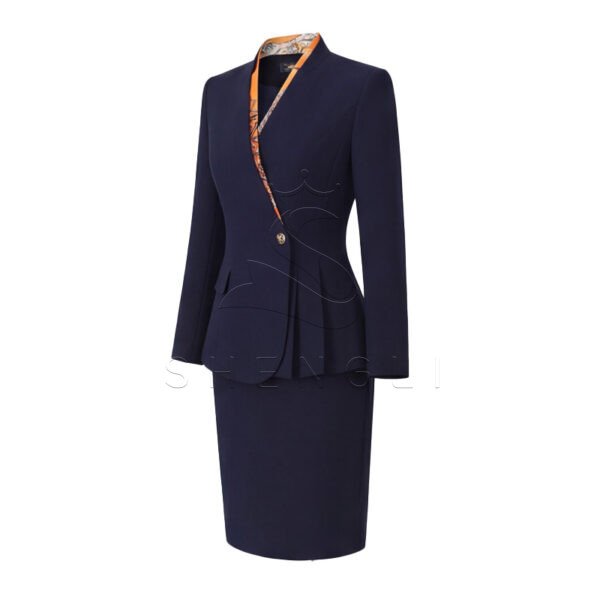 Elegant Navy Blue Women's Business Suit Set with Scarf - Professional Office Uniform for Ladies | Formal Work Blazer & Skirt Outfit
