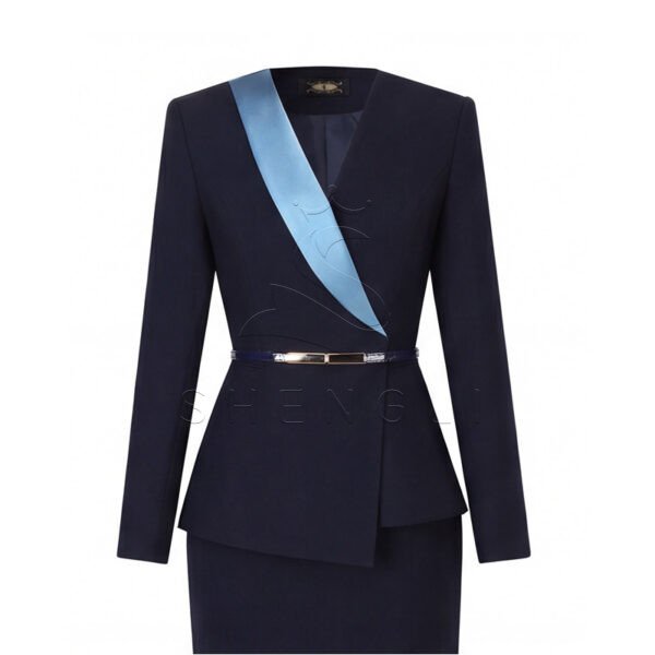 Elegant Navy Blue Women's Business Suit with Belt, Professional 2-Piece Office Skirt Set for Businesswomen
