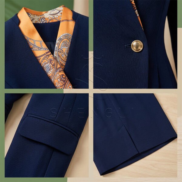 Elegant Navy Blue Women's Business Suit Set with Scarf - Professional Office Uniform for Ladies | Formal Work Blazer & Skirt Outfit