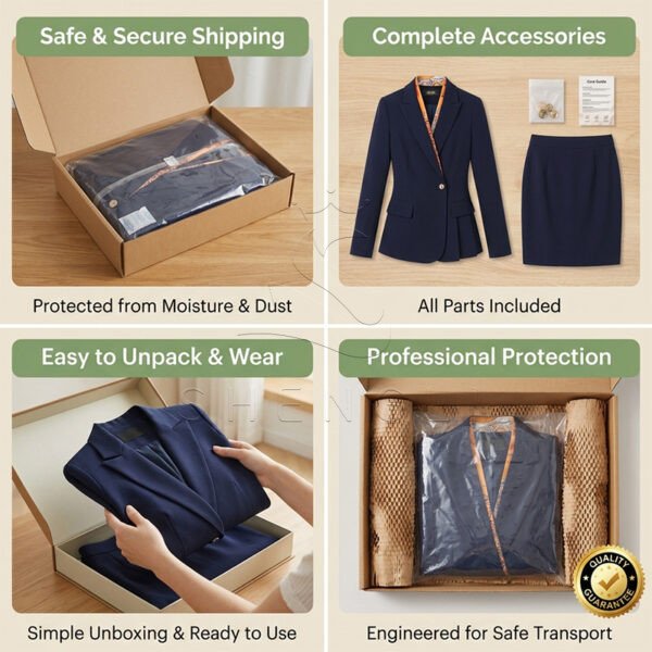 Elegant Navy Blue Women's Business Suit Set with Scarf - Professional Office Uniform for Ladies | Formal Work Blazer & Skirt Outfit