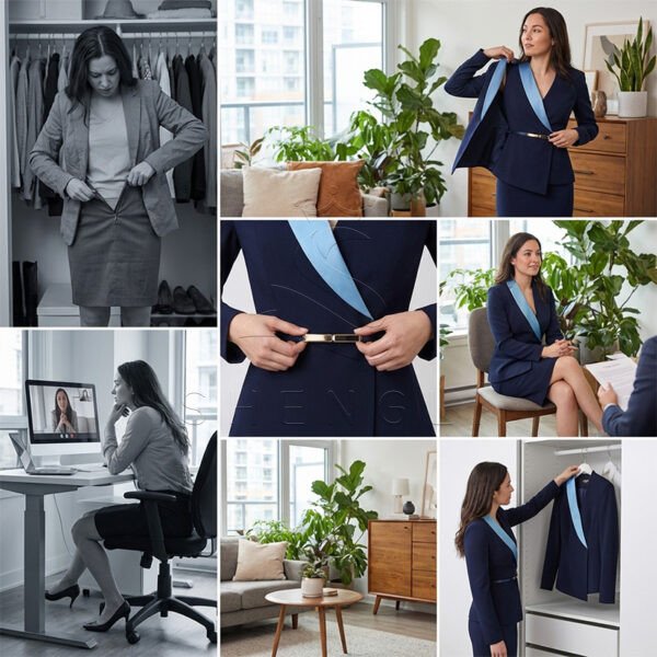 Elegant Navy Blue Women's Business Suit with Belt, Professional 2-Piece Office Skirt Set for Businesswomen